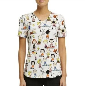 Peanuts Women's Small Scrub Top Characters Shirt Charlie Brown Snoopy Lucy Linus